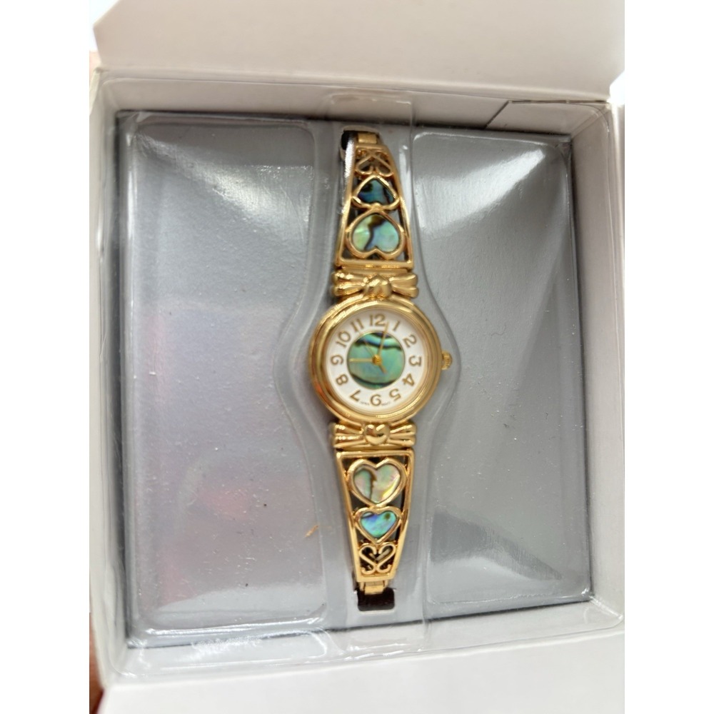 Vintage 2000 Avon Genuine Abalone Heart Expansion Watch Gold Tone NIB